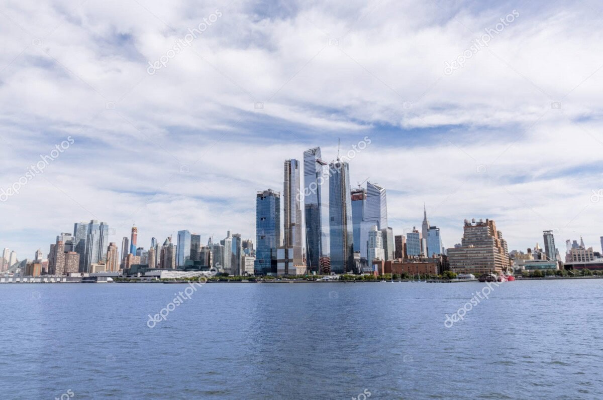 Iconic New York City skyline with skyscrapers and waterfront view.
