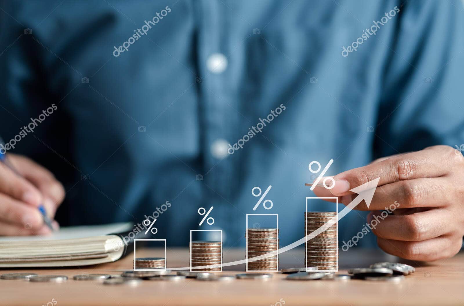 Businessman analyzing retirement plan growth with bar chart and upward arrow.