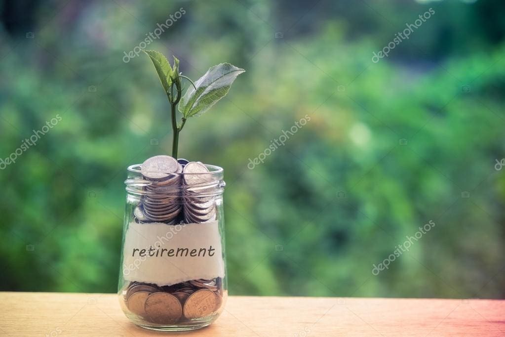 Young plant growing from coins in a jar labeled "retirement".
