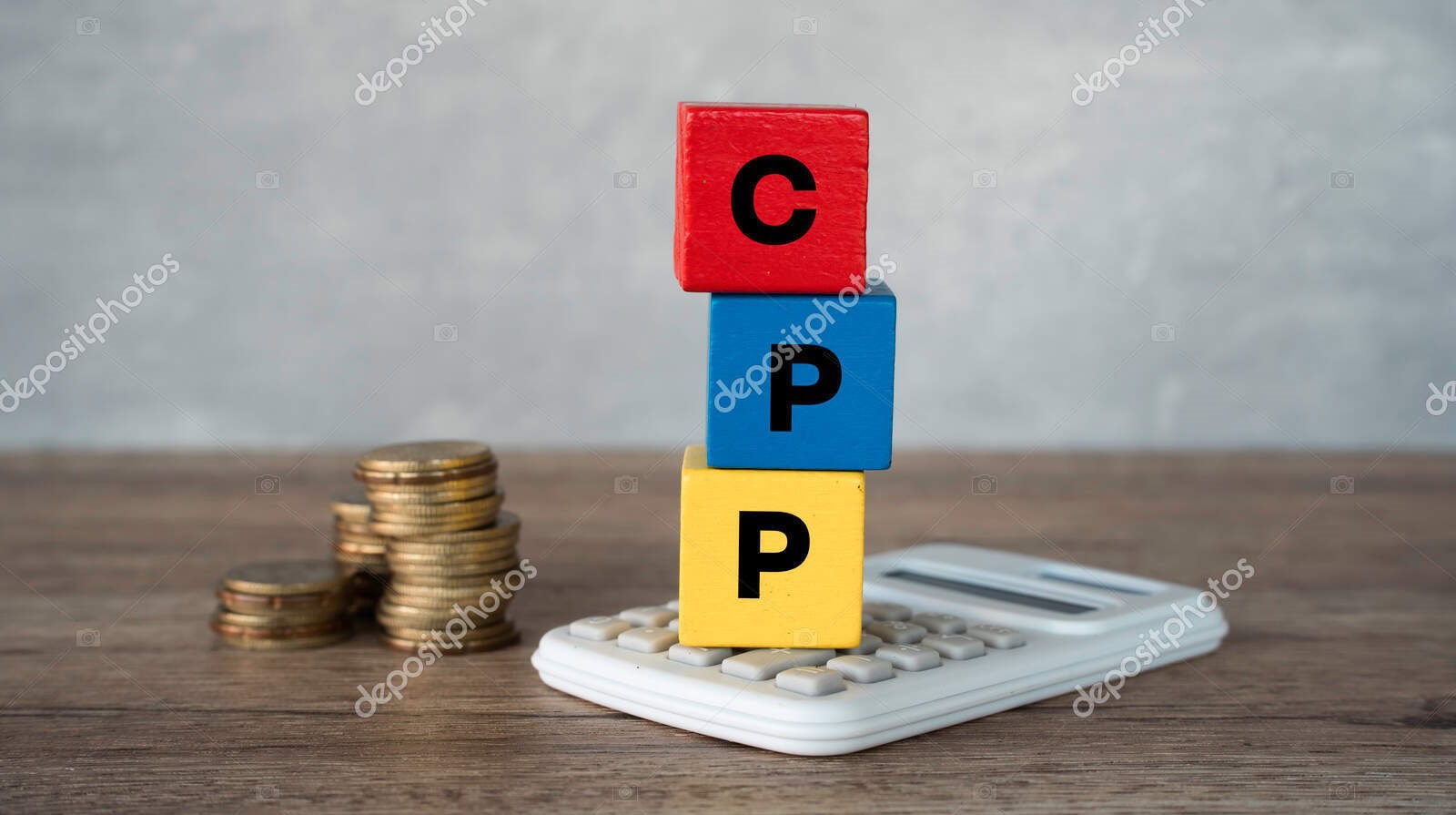 Colorful blocks spelling "CPP" with coins and calculator for financial planning.